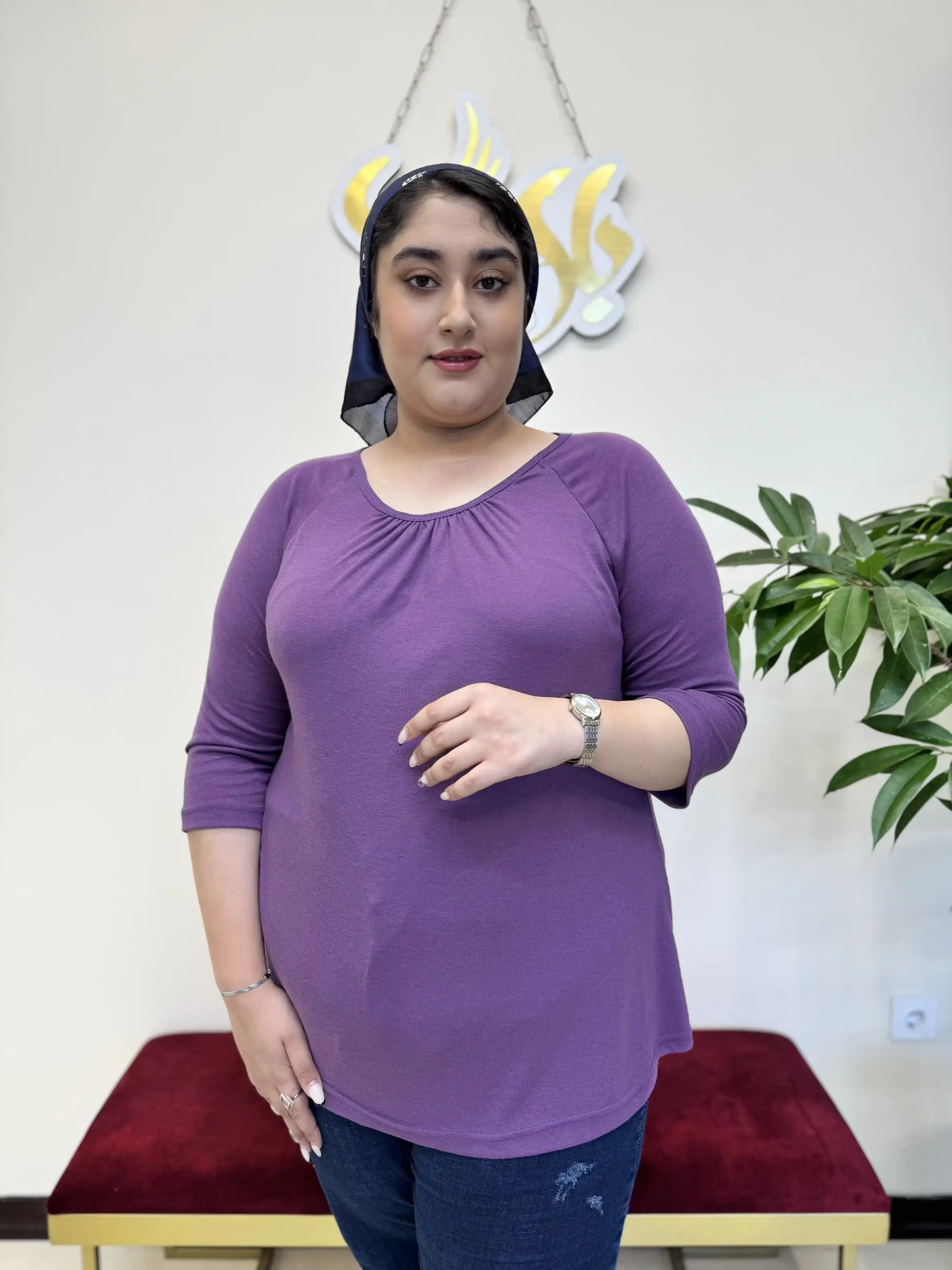 تیشرت آستین سه ربع یقه چین